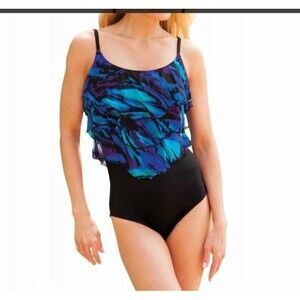 Longitude Women's 1-pc Black and Blue Printed Ruffled Top Swimsuit Size 12